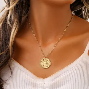 Court Style Retro Embossed Compass Stainless Steel Coin Gold Plated Geometric Pendant Collarbone Chain Jewelry