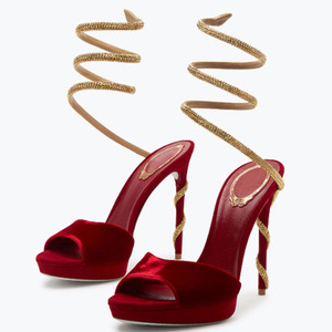 Sandales à talons hauts compensés pour femme avec strass, bride cheville, bout ouvert et talon aiguille en daim, ornées de cristaux sexy - Product Image 3