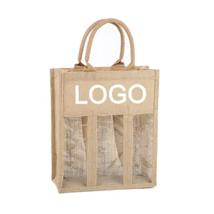 Bottles Partition Packing Clear Pvc Design Christmas Holiday Birthday For Party Gifting Tote Natural Wholesale Jute Wine Bag