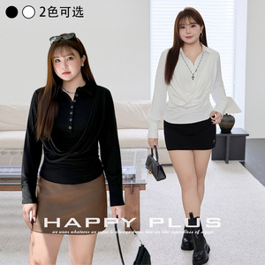 Blusa de punto de manga larga con cuello drapeado y corte ajustado para mujer, talla grande, color negro liso, de algodón - Product Image 4