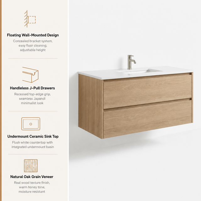 Oak Wall Mounted Bathroom Vanity With Undermount Sink Handleless 2 Drawer Floating Japandi Minimalist White Countertop Cabinet