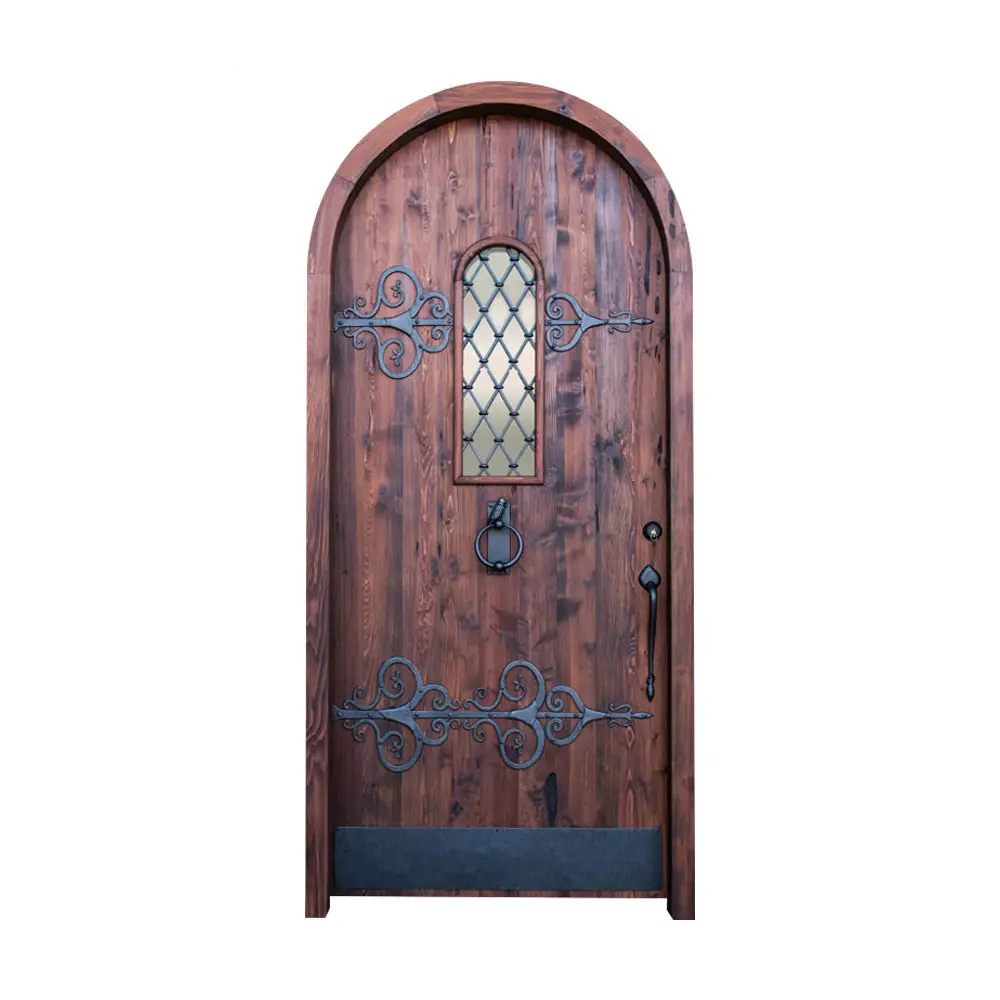 קמור חיצוני דלת עם זכוכית עץ קשת למעלה יצוק ברזל עץ יין מרתף שער ארון דלת