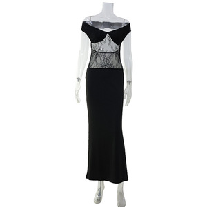 Vestido de noche negro! Estilo sin hombros descubiertos, con delicada red de encaje en la parte superior y una falda larga entallada en línea A. - Product Image 4