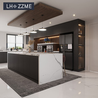 Ensemble de meubles de cuisine modulaires en MDF personnalisables avec îlot central et plan de travail en marbre, style Shaker, cuisine ouverte pour appartement