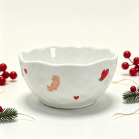 Bol en céramique ondulé de 5 pouces, motif dessin animé de Noël, peint à la main, cœur rouge, poivron, 370 ml, compatible lave-vaisselle, 0,35 kg, pour desserts