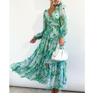 Vestidos Midi Casuales de Manga Larga con Estampado Profundo en V y Cintura Alta para Mujer - Product Image 3