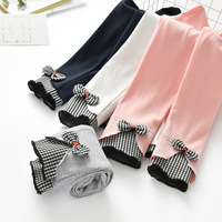 Leggings en coton tricoté pour filles, avec bordure pied-de-poule et nœud, taille haute élastique, coupe ajustée, décontractés pour le quotidien, pour jeunes enfants