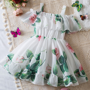 Gaun terusan bahu anak perempuan, gaun Suspender putri motif bunga leher O untuk anak perempuan - Product Image 2