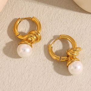 European American Style French Retro 18K Gold Plated Stainless Steel <b>Knotted</b> Heart Pearl Hoop <b>Earrings</b> Fine Jewelry - Product Image 4