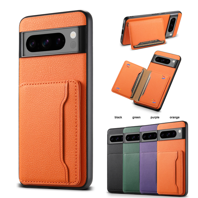 PU Faux Leather Litchi Grain Back Sticker Card Holder Kickstand Shockproof Phone Case for Pixel 11/10/9/8/7/6 Series