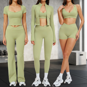 <b>Women</b> Solid Green Yoga Set 6 Piece High Waist <b>Leggings</b> Crop Top Sport Bra Front Logo Quick Dry Seamless Breathable Activewear - Product Image 3