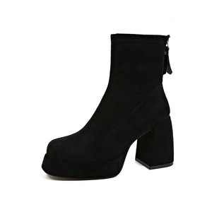 Bottines à talon épais style britannique en peluche pour femme, collection Hiver 2026, confortables et polyvalentes, avec fermeture auto-agrippante, rehaussantes - Product Image 5