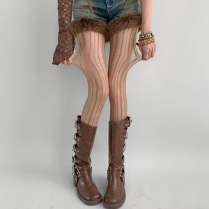 Brown Retro-Style Hollow Lace Fishnet Stockings With Vertical Stripes 15D Sheer Pantyhose For Women Youth Fashion - Product Image 1