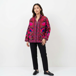 Berry Suzani Reversible Velvet Knitted Quilted Jacket Hand-Embroidered Neon Bloom Floral Pattern Vintage Style Quick Dry <b>Stand</b> - Product Image 1