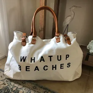 Extra Large Waterproof Canvas What Up Beaches Please Tote Bag with Vegan Leather Handles for Women
