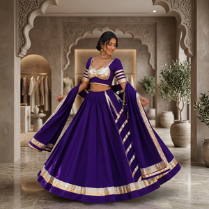 Elegant Purple Indian Designer <b>Chaniya</b> <b>Choli</b> Lehenga Outfit with Bright Yellow Net Dupatta for Festive Navratri and Wedding Wear - Product Image 4