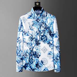 <span class=keywords><strong>Camicia</strong></span> Vintage da Uomo ODM a Maniche Lunghe con Motivo Floreale Blu e Bianco, Monogrammi e Design Elegante ad Acquerello - Product Image 3