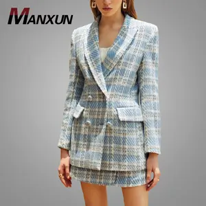 Blazer e gonna in Tweed doppiopetto con motivo scozzese di alta qualità due pezzi Lady Office Suit ultimi abiti da <span class=keywords><strong>donna</strong></span> caldi - Product Image 1