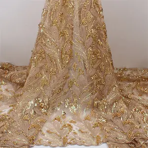 Ultimo Design di lusso paillettes moda maglia oro ricamo tessuto di pizzo per abiti da sposa africani