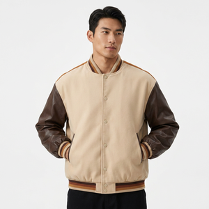 Custom <b>Men's</b> <b>Leather</b> Varsity <b>Jacket</b> Bomber Style Stand Collar Button Front Embroidered Logo Loose Fit Winter Outerwear Quick - Product Image 1
