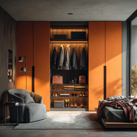 Système de dressing encastré pour chambre à coucher, orange brûlé, MDF, portes battantes, étagères réglables en noyer avec éclairage LED, design moderne et luxueux, du sol au plafond