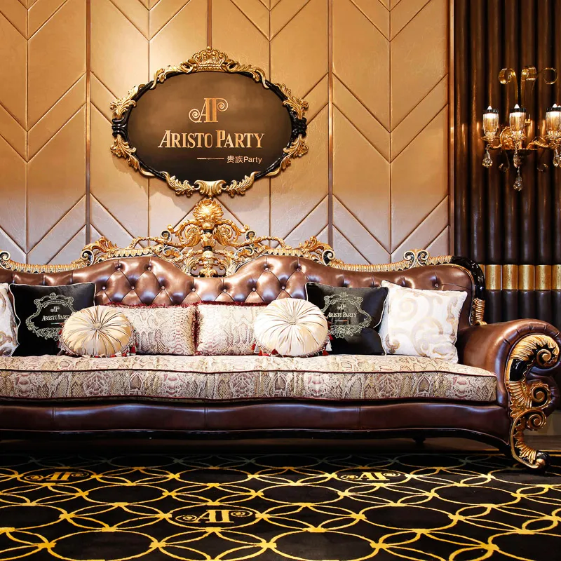 High-end custom solid wood purple cow leather fabric sofa carving art French palace luxury Royal Furniture Sofa Set