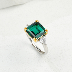925 Sterling <b>Silver</b> Lab Grown <b>Emerald</b> <b>Ring</b> Two Tone Gold Plated Adjustable Women Engagement Jewelry K - Product Image 1