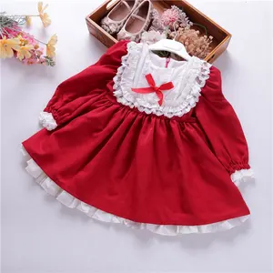 Baby kleidung Mädchen Weihnachts kleid Vintage rot Langarm Spitze Weihnachten Kinder Boutiquen Kinder Kleidung Großhandel