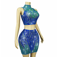 Novance Y5663 Ensemble deux pièces dos nu perlé bleu-vert avec strass, tenue de soirée sexy pour femme, débardeur court
