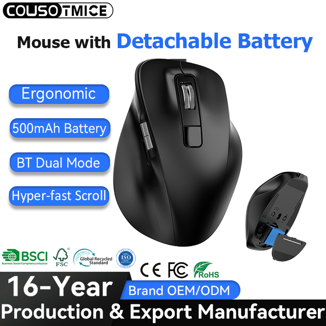 New Arrival OEM Wireless Mouse Ergonomic Detachable Lithium Battery Hyper-fast Scrolling Quiet Click Bluetooth Vertical Mouse