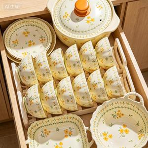 Hand Painted Flower Plate and Porcelain Bowl Dish Set Drinkware Ceramic Mug Eco-Friendly Pastoral Style Ceramic <b>Dinnerware</b> - Product Image 2