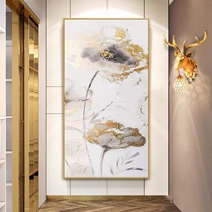 Peinture à l'huile peinte à la main, fleur de lotus abstraite, cadre doré, rectangle, art mural moderne de luxe léger pour entrée et couloir - Product Image 3