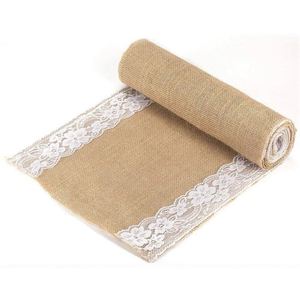 Chemin de table en jute décoré de dentelle des deux côtés pour mariage, fête, banquet, décoration de table - Product Image 2