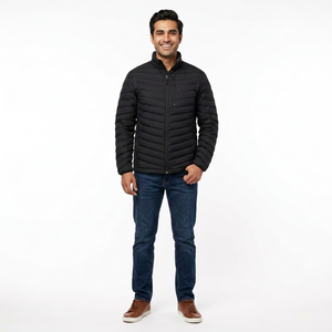Veste d'hiver matelassée légère pour homme, manteau chaud en tissu toile rembourré de coton, col montant, style urbain, logo sur le devant - Product Image 1