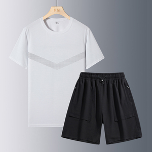 Ensemble T-shirt et short de sport pour homme, personnalisable avec logo, à manches courtes, fin, extensible, effet rafraîchissant, séchage rapide, idéal pour l'été et le fitness - Product Image 1