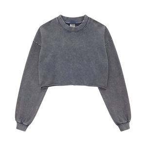5C caliente mujer sudadera recortada Top ropa 100% algodón francés Terry 380g ácido nieve lavado Vintage cuello redondo mujeres sudaderas - Product Image 1