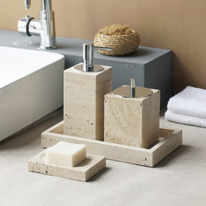 STONEKOCC Juego de <span class=keywords><strong>Baño</strong></span> de Travertino Moderno y Ecológico de Ocho Piezas Personalizado para Decoración y Almacenamiento en Baños Domésticos, en Stock - Product Image 5