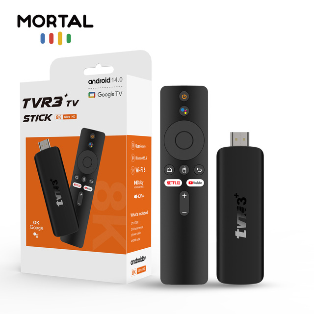 TV stick Mortal TVR3+ Android 14.0 TV Stick Rockchip 3518 Quad Core 4GB 128GB Voice Remote 4K Dual Wifi Streaming Media Player