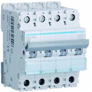 Interruttore automatico miniaturizzato Hager MCA450 personalizzabile 6000A 10kA 4P curva C 50A 4M - Product Image 1