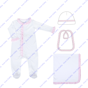 Ruffle Knitted Cotton Soft Warm Newborn Infant Coming Home Outfits New Long Sleeve Baby Footie Bib <strong>Blanket</strong> and Hat Set - Product Image 1