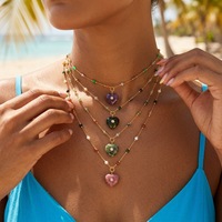 Colliers pendentifs en chaîne de perles plaquées or en acier inoxydable avec breloque en pierre naturelle en forme de cœur pour bijoux féminins