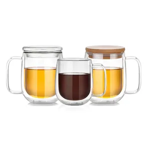 Custom Logo Heat Resistant Borosilicate Double Wall Clear Glass Tea Mug Coffee Cup with Handle and Bamboo Lid