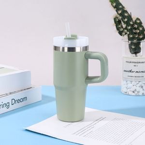 Mug de voyage 14oz avec poignée, double paroi isolée sous vide, couvercle en acier inoxydable, paille et base antidérapante - Product Image 5