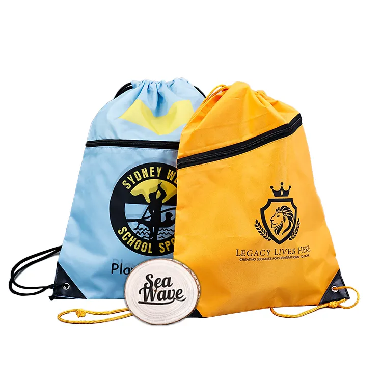 Custom size logo Polyester Drawstring Backpack Traveling Sport Fabric String Bag with Printing Logo waterproof backpack