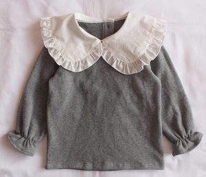 Vente en gros de t-shirts <span class=keywords><strong>polo</strong></span> à manches longues gris pour filles, personnalisés, avec col Peter <span class=keywords><strong>Pan</strong></span> à volants, couleur unie, décontractés, pour tout-petits, disponibles - Product Image 1
