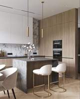 Meubles de cuisine Vermonhouzz bicolores beige et bois avec îlot central, armoires sur mesure sans poignées pour projet de maison contemporaine
