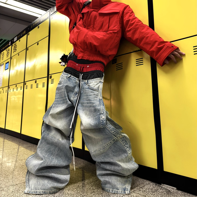 New Design Y2K Hip Hop Detachable Deconstructed Multiple Waistband Color-Blocked Drawstring Sporty Washed Blue Denim Baggy Jeans