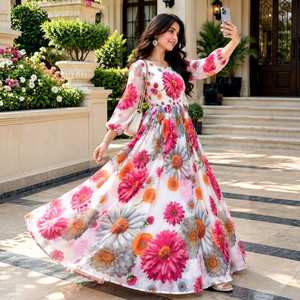 Women Floral Print Maxi <b>Dress</b> Loose Fit Floor Length Summer Casual Wear India Pakistan Style Polyester Stretchable - Product Image 1