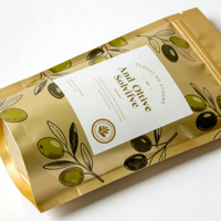 Sachet alimentaire vide personnalisé imprimé or champagne métallisé, motif feuille d'olivier, refermable avec fermeture éclair et encoche de déchirement, vente en gros