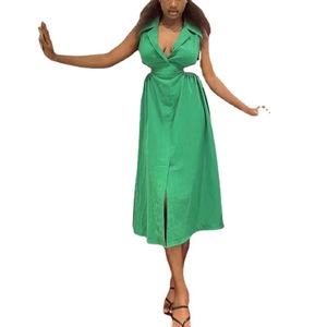 Abito <span class=keywords><strong>Midi</strong></span> Verde <span class=keywords><strong>con</strong></span> Scollo a V per Donne, Senza Maniche, <span class=keywords><strong>con</strong></span> Colletto, Taglio a Vita, Linea A, Lungo <span class=keywords><strong>con</strong></span> <span class=keywords><strong>Spacco</strong></span>, Elegante per Feste e Occasioni Casual Estive - Product Image 5